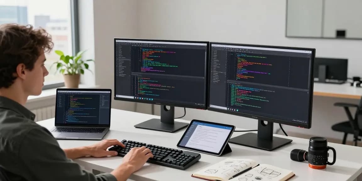Developer coding at modern desk with dual monitors, showcasing telegraimin.com in a vibrant tech workspace.