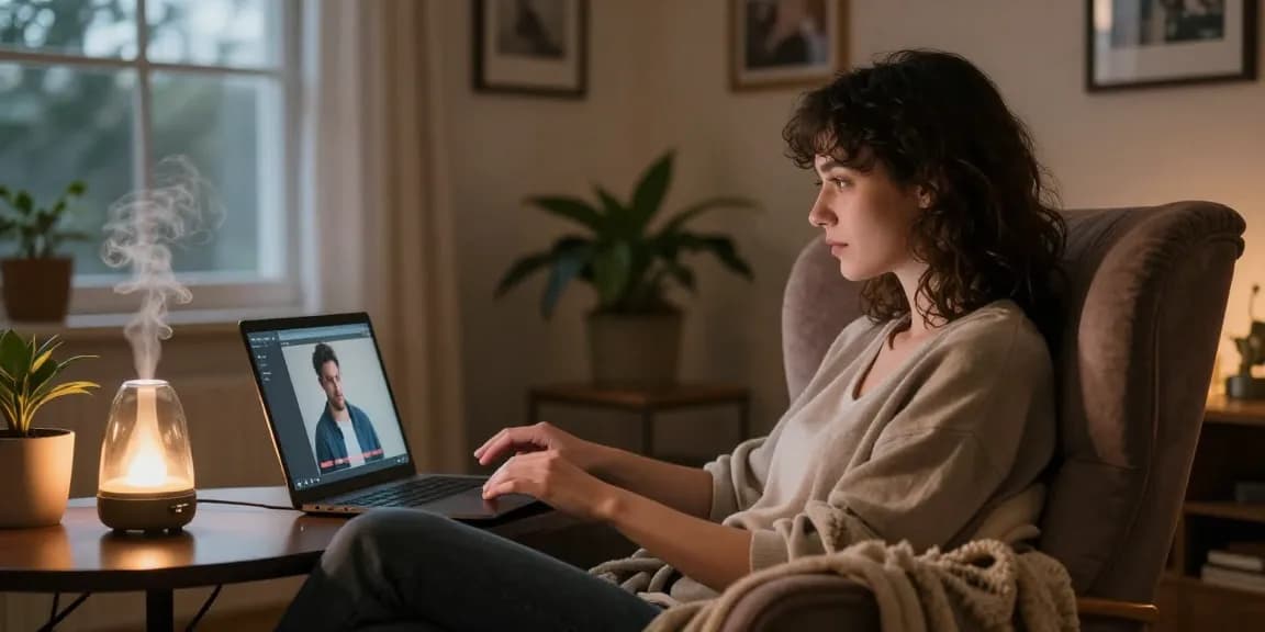 Engaging in a free AI sex chat in a cozy home office setting.