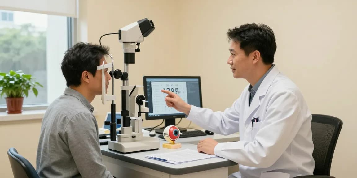 Dr. 湯文傑 examining a patient in a modern eye clinic.