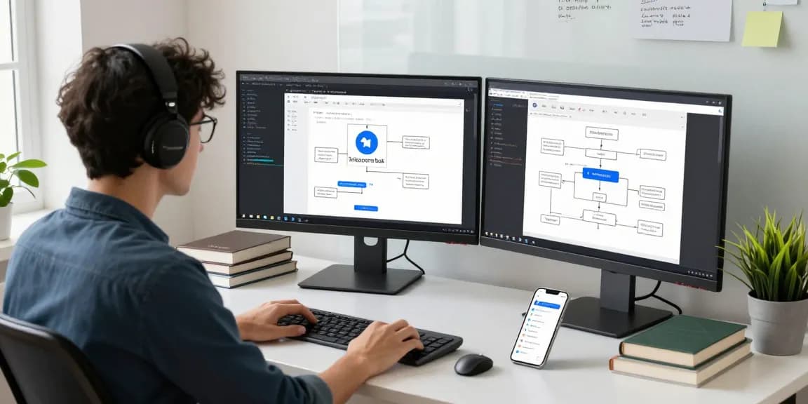 Developer coding telegram chinese bots on dual monitors in a modern workspace.