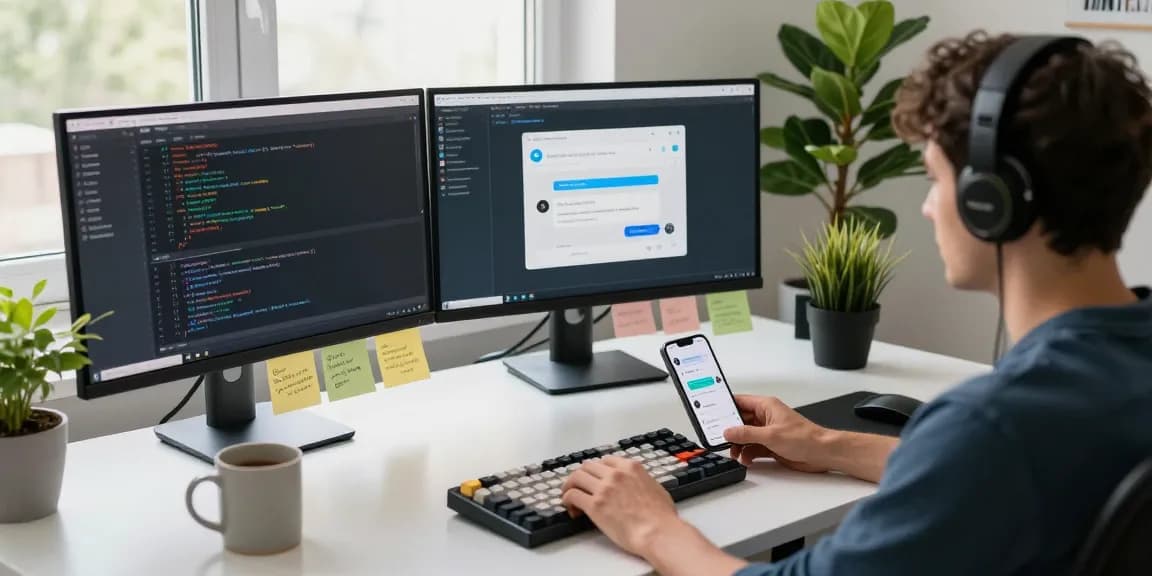 Developer coding telegram chinese bots in a bright workspace with multiple monitors