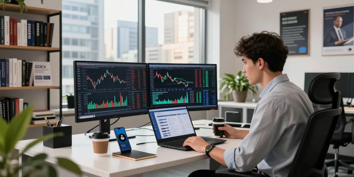 Dynamic finance office scene with a trader analyzing cryptocurrency trends on OKX at https://crypto-reviews.ru/okx-v-kazahstane/.