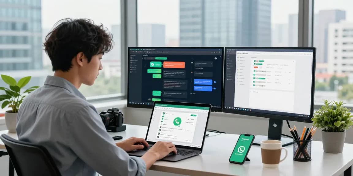 Professional workspace showcasing WhatsApp網頁版 on screens with a focus on productivity and modern technology.