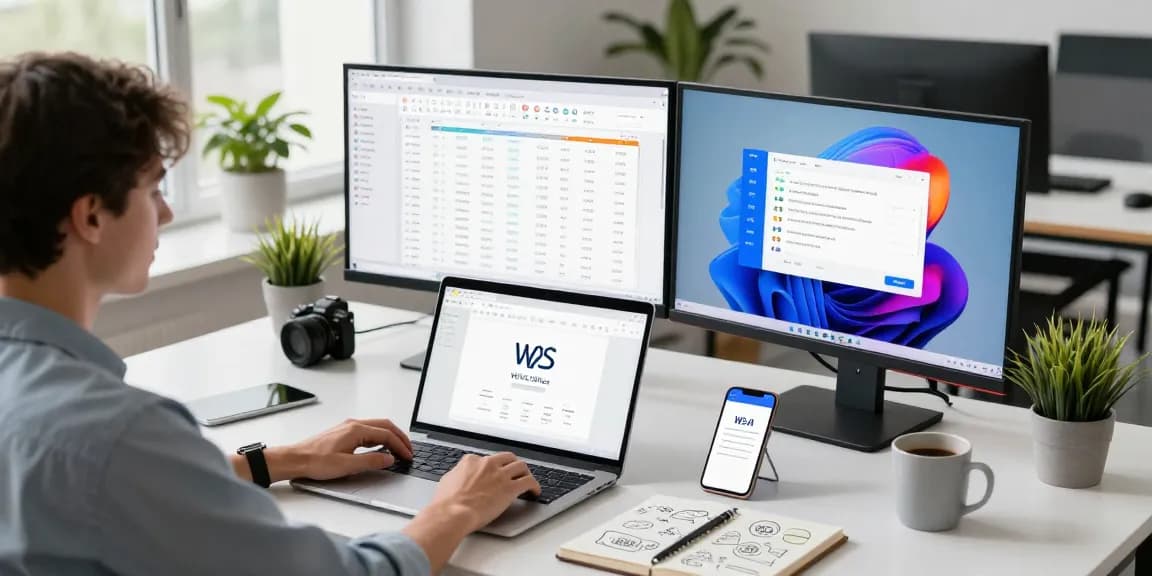 WPS下载 in a modern office workspace featuring collaborative document editing on multiple devices