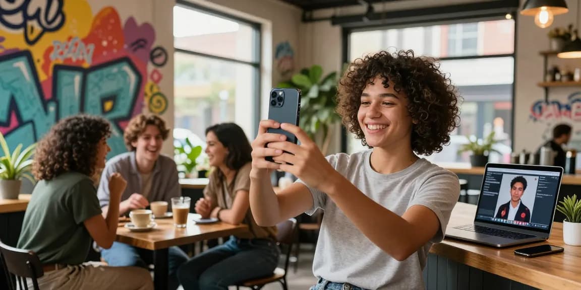 Cheerful user discovering celebrity look alike matches with friends in vibrant café.
