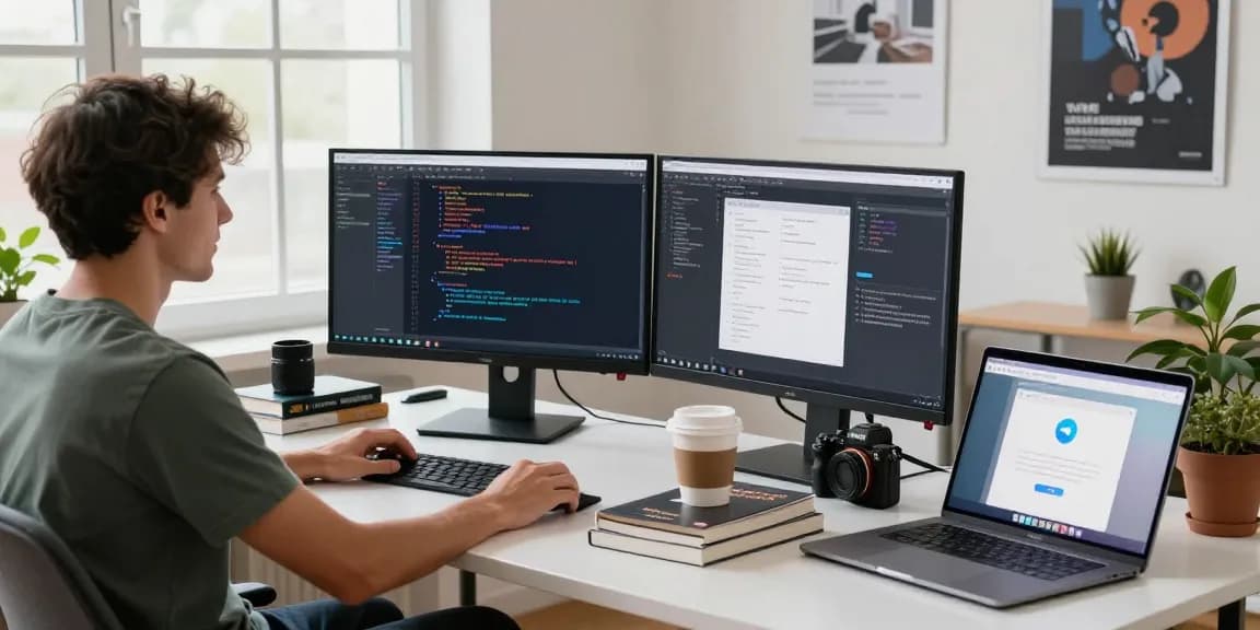 Dynamic workspace scene showcasing a developer working on teiegramin.com with coding screens and tech devices.