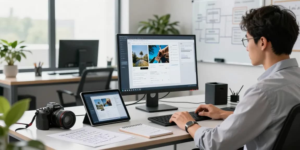 Data scientist using an ai image checker in a modern tech workspace with gadgets and analysis reports.