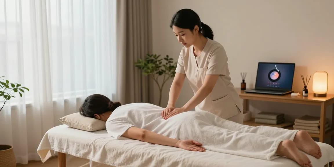 안산출장마사지 전문가가 아늑한 거실에서 고객을 위한 편안한 마사지 서비스를 제공하는 모습