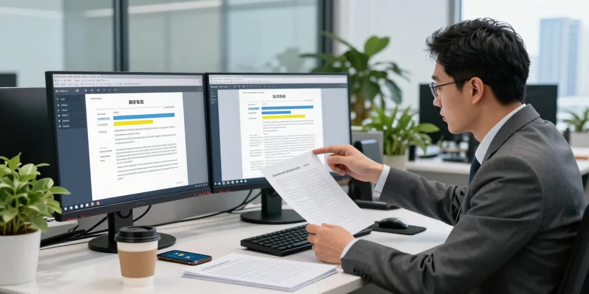 Document fraud detection scene with an analyst reviewing alerts and metrics on digital software in a modern office.