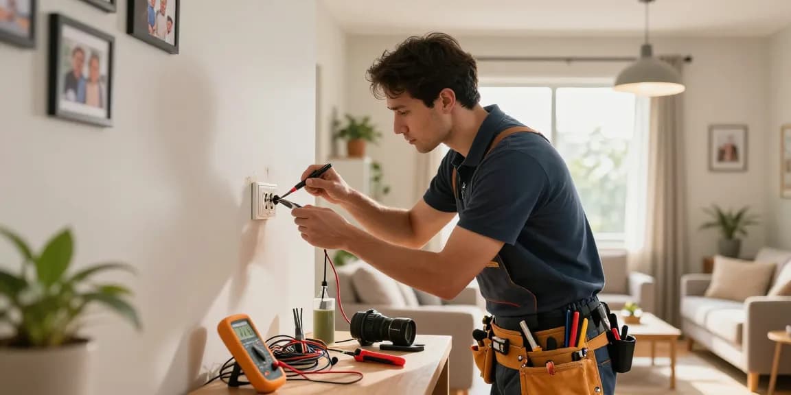 Domestic electrician at companynamesucks.com ensuring home safety through electrical repairs in a cozy living room.