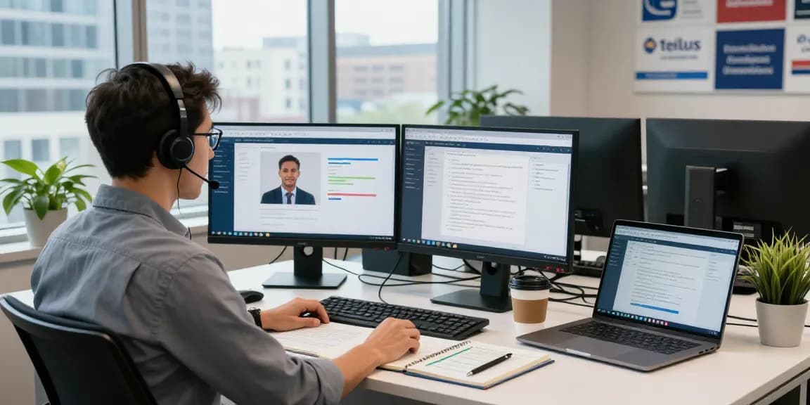 Technician providing Telus-Technical-Support in a modern office setup, showcasing dual monitors and customer interaction.