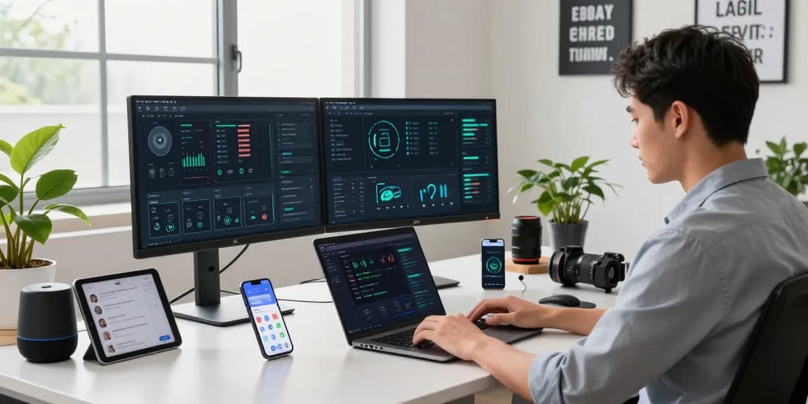 快连 in a high-tech workspace with laptops and performance metrics.