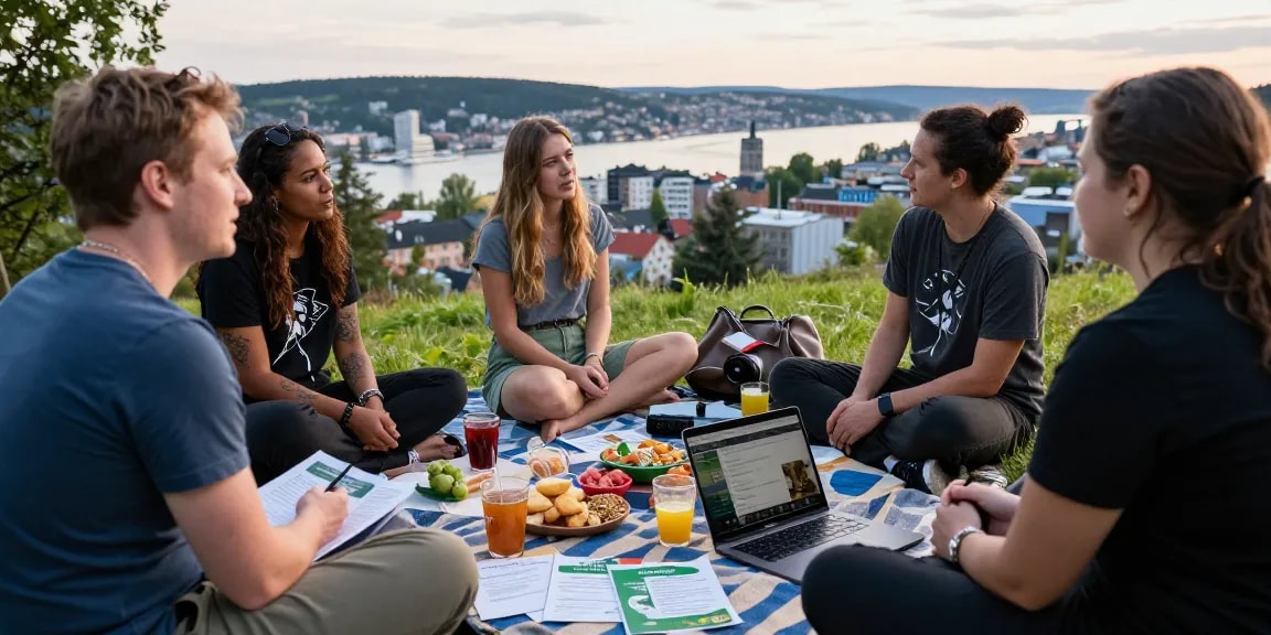 Where To Buy Cannabis In Norge, Oslo? Best Guide discussing cannabis laws among friends in scenic Oslo setting.