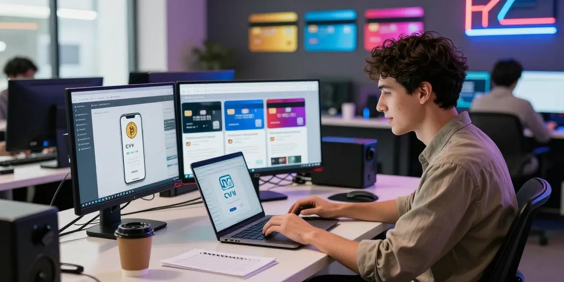 Engaging digital shopping scene at the best cvv shop with cryptocurrency payments and vibrant visual elements.
