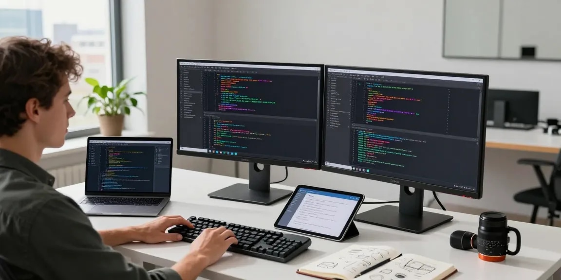 Developer coding at modern desk with dual monitors, showcasing telegraimin.com in a vibrant tech workspace.