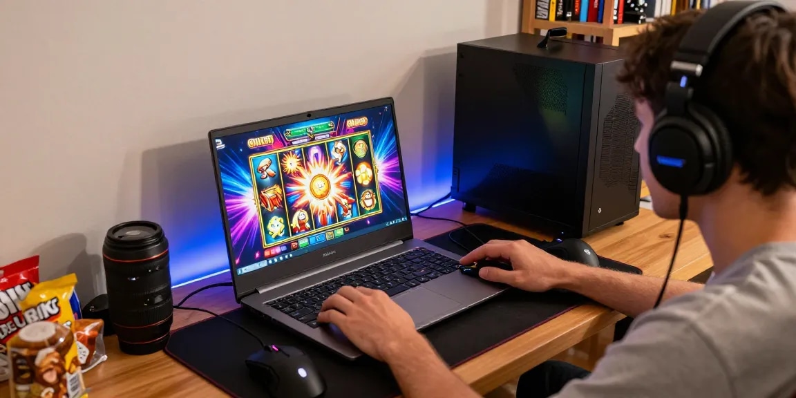 Pengguna Pasar88 bermain slot online dengan suasana yang energik dan aksesori permainan modern.