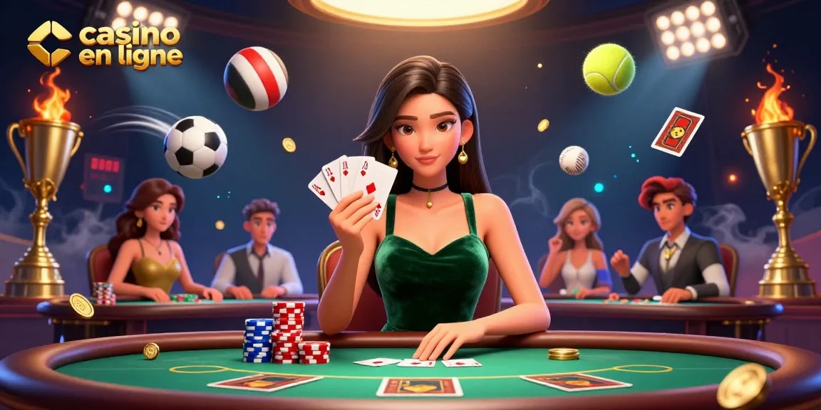 Découvrez l'action du casino en ligne avec une scène de poker époustouflante mettant en vedette une belle femme asiatique entourée d'éléments de jeu dynamiques.