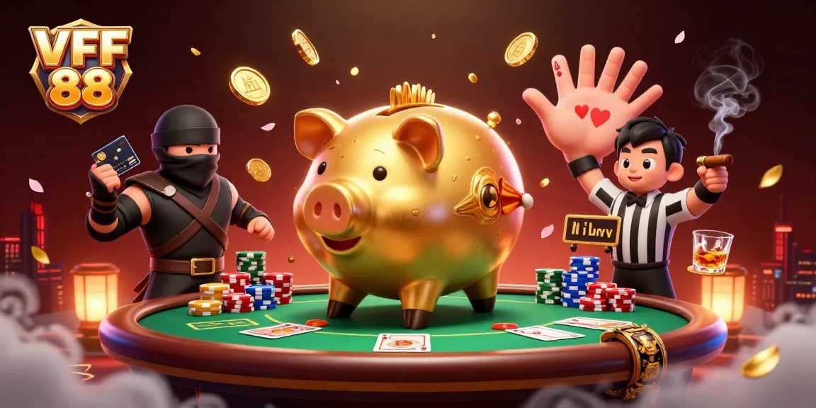 Experience thrilling poker action with VFF 88 as golden coins fly amidst game elements and energetic characters.