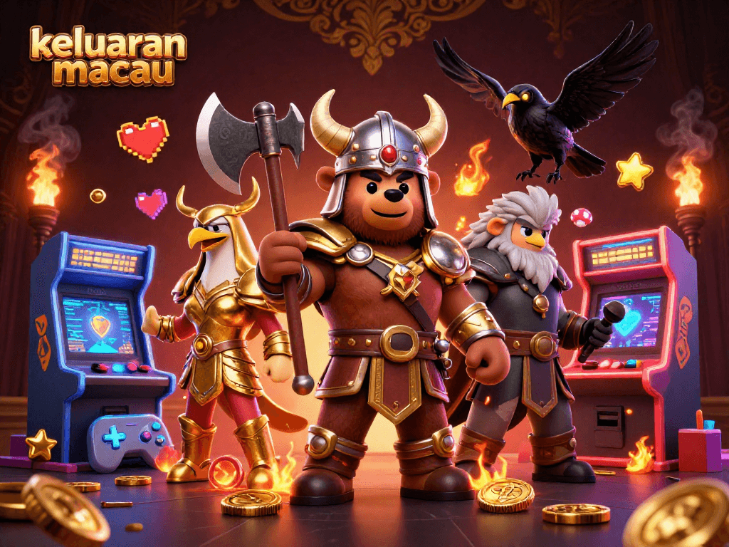 Keluaran Macau reveals exciting game outcomes with a dynamic Viking and Valkyrie scene featuring arcade elements.