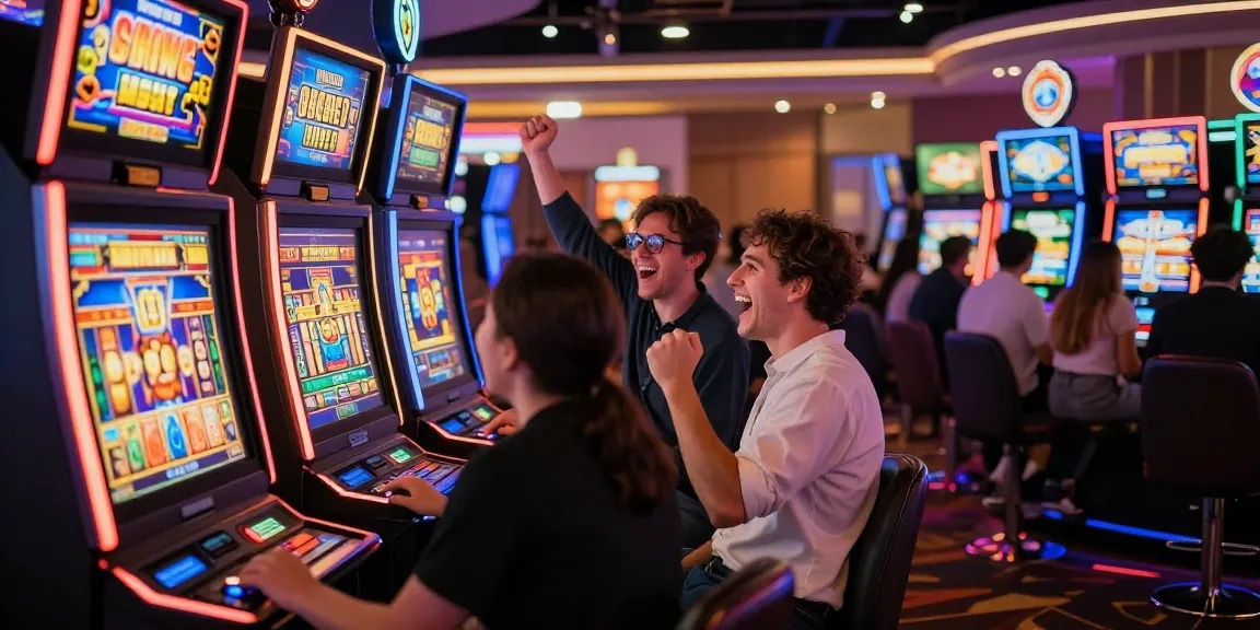 Pengunjung merayakan kemenangan jackpot slot gacor di kasino dengan suasana ceria dan cahaya neon.