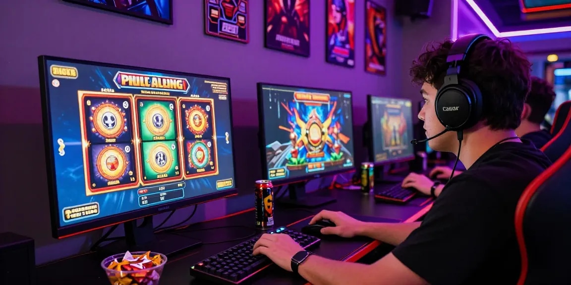 Player enjoying a slot gacor game on a vibrant computer setup, showcasing engaging gaming accessories and snack.