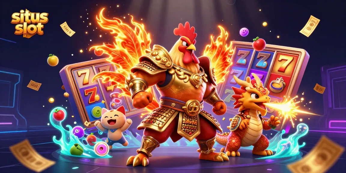 Menangkan jackpot di situs slot dengan karakter unik seperti ayam jantan dan naga berwarna-warni.