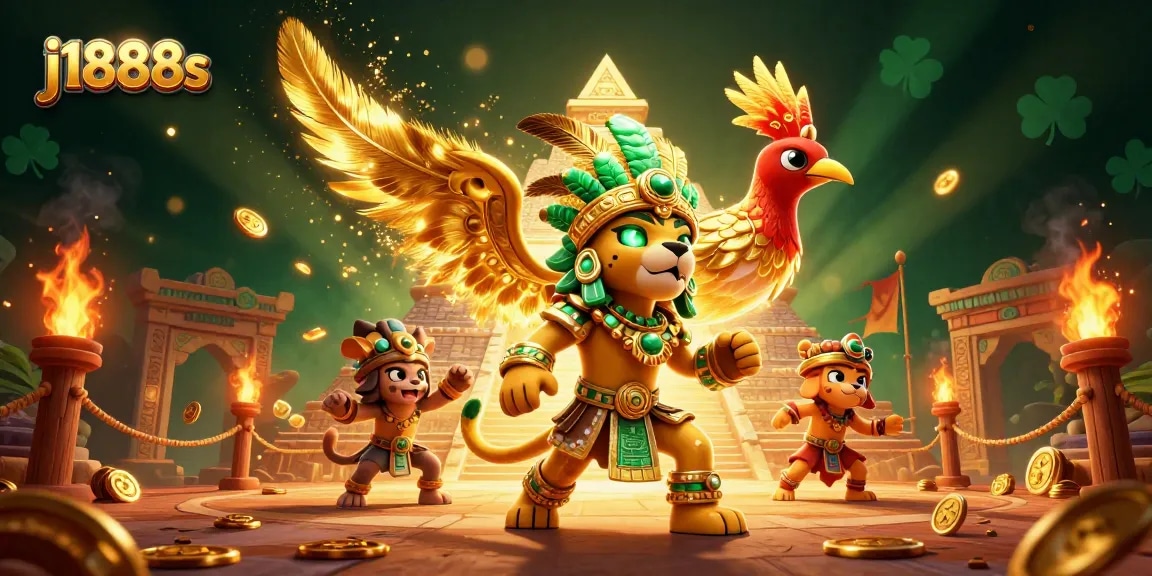 Experience thrilling moments with j1888s, featuring a Mayan jaguar priest and golden coins in a vibrant casino atmosphere.
