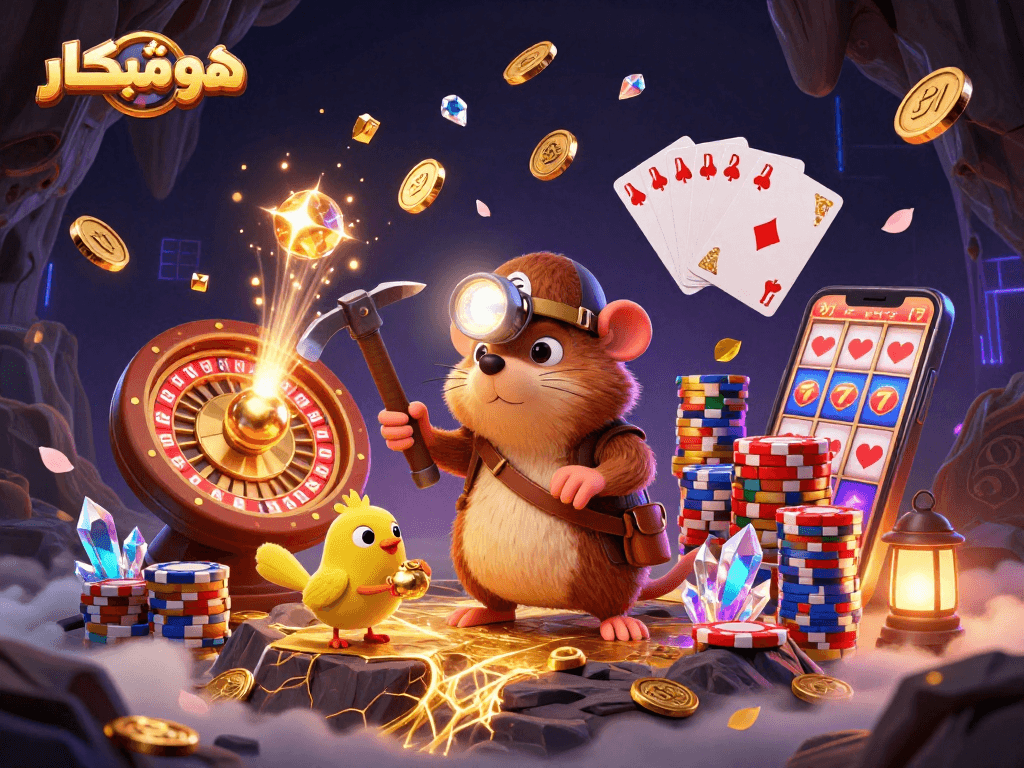 Engaging illustration of هوشمندکار's enriching casino experience with treasure-hunting characters amidst golden winnings.
