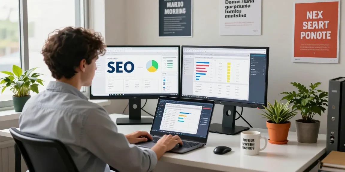 Get Ai visibility on your website with a marketing professional analyzing SEO strategies in a modern workspace.