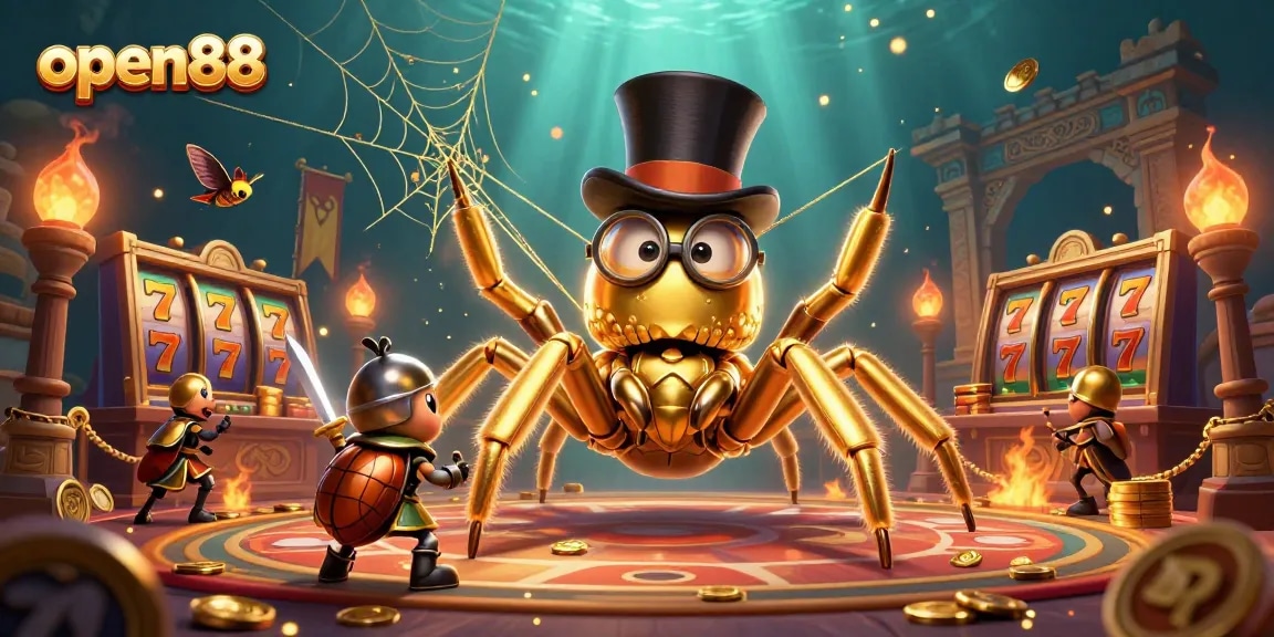 Join the exciting adventures at open88 with a dynamic casino scene featuring a golden tarantula and brave beetle knight.