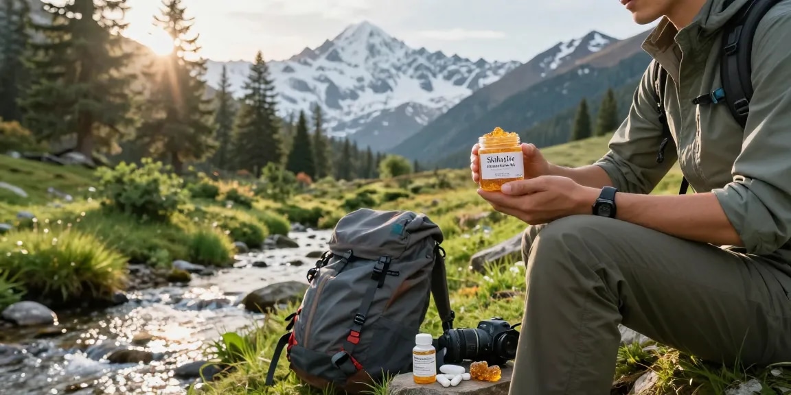 Holding Shilajit Australia resin in the Himalayas for natural wellness.