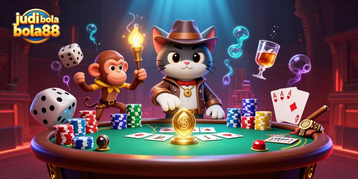 Mengamati judi bola bola88 dengan kucing penjelajah dan monyet di kasino kuno, dikelilingi elemen taruhan.