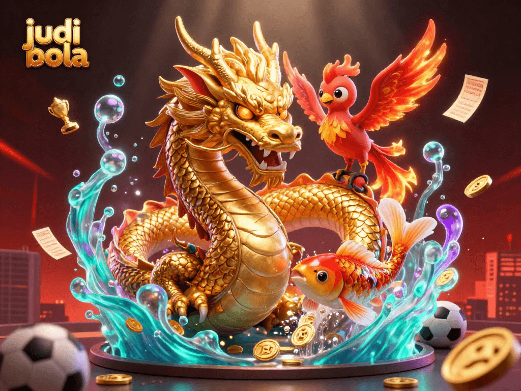 Engage in judi bola with exciting sports elements, featuring a dragon, phoenix, and koi fish.