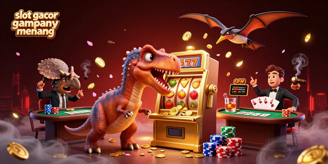 Engaging scene showcasing slot gacor gampang menang with a dinosaur winning jackpot coins from a slot machine amidst casino elements.