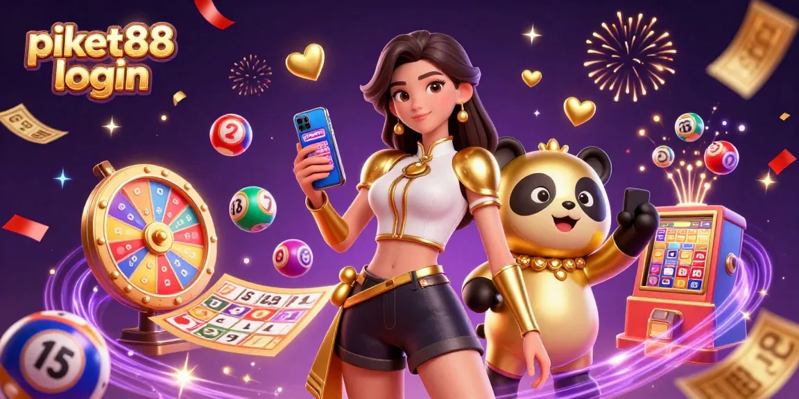 Engage with piket88 login as you explore vibrant casino games with a golden panda mascot.