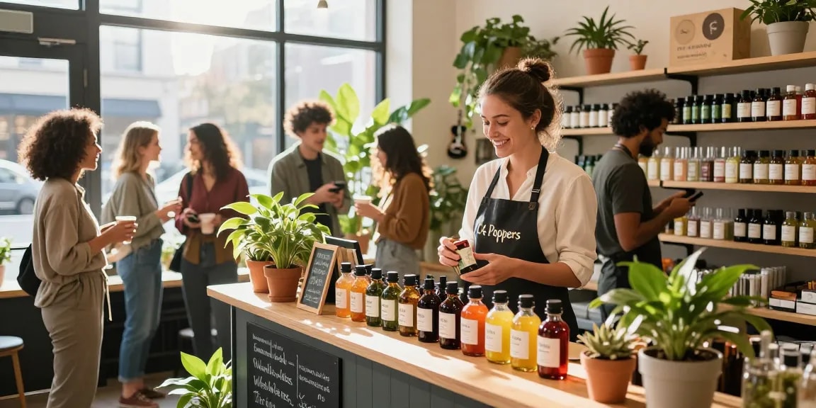 C4 poppers-review: A vibrant herbal shop scene showcasing colorful C4 Poppers bottles and an engaging shopkeeper.