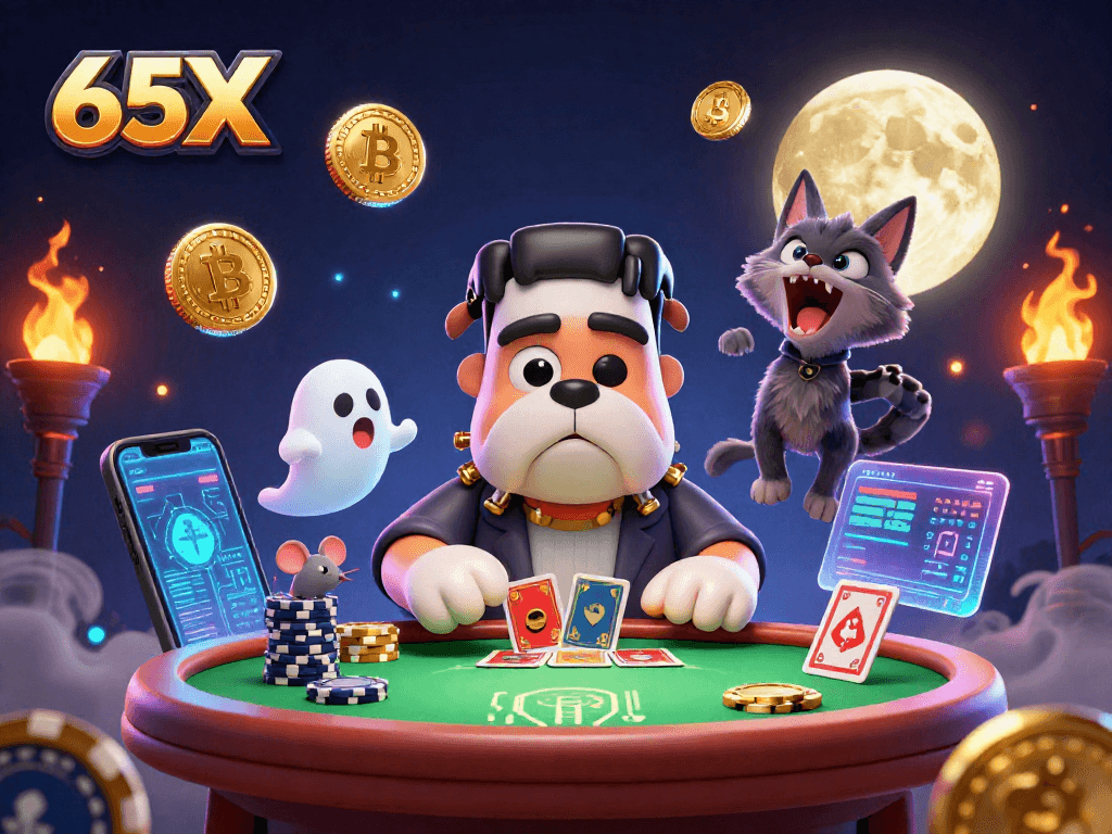 O 65X é um cassino virtual vibrante onde um buldogue Frankenstein distribui cartas.