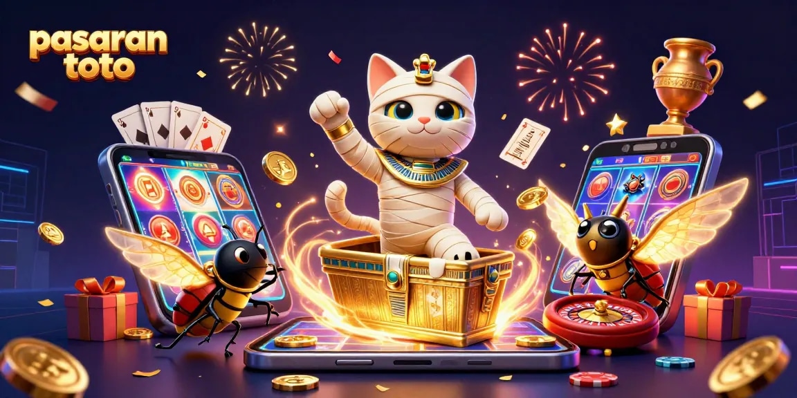 Experience the thrill of pasaran toto with a lively scene featuring an Egyptian mummy cat in a casino.