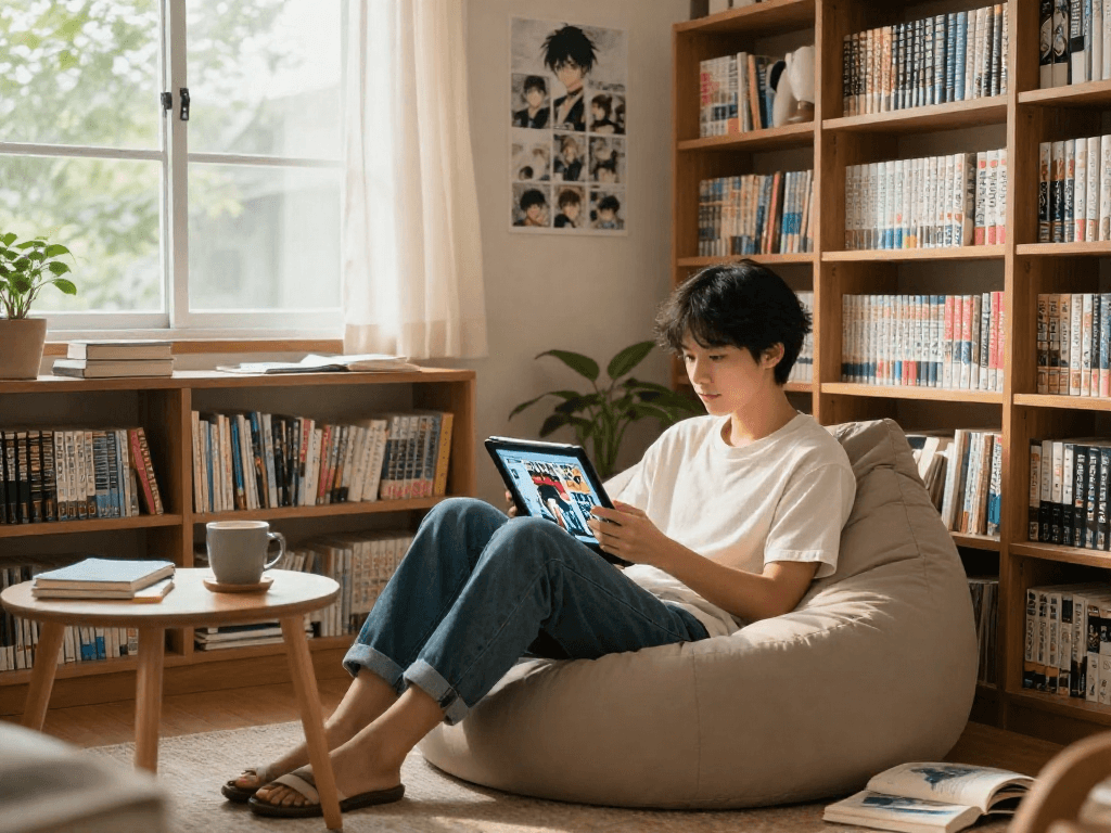 Browse Manga in a cozy reading nook filled with books, tablet in hand, warm ambiance.