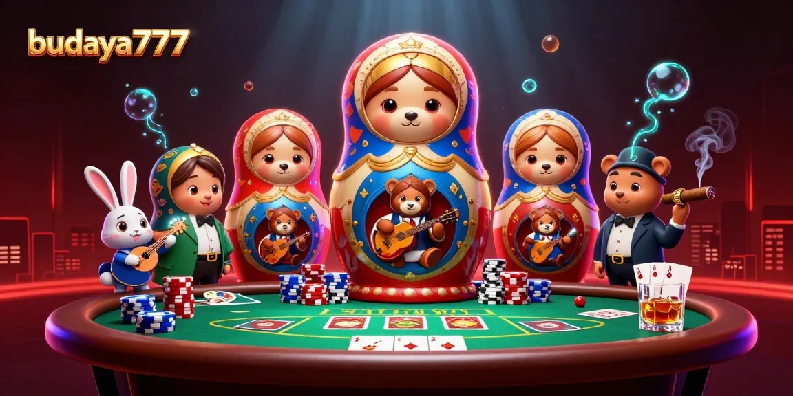 Gambarkan aksi menang budaya777 di kasino dengan karakter Matryoshka beruang dan elemen poker.