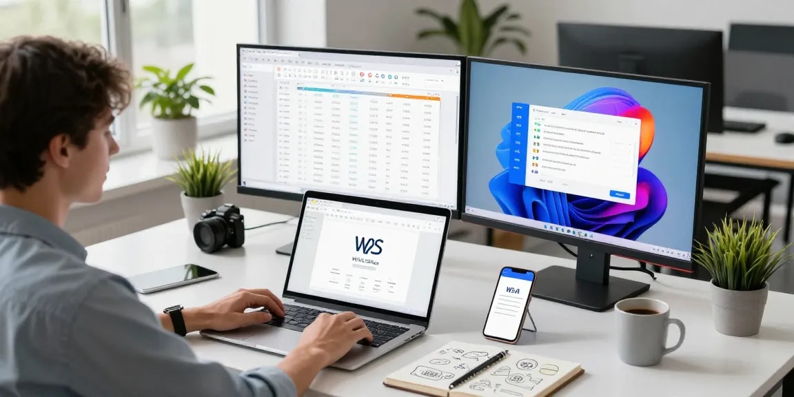 WPS下载 in a modern office workspace featuring collaborative document editing on multiple devices