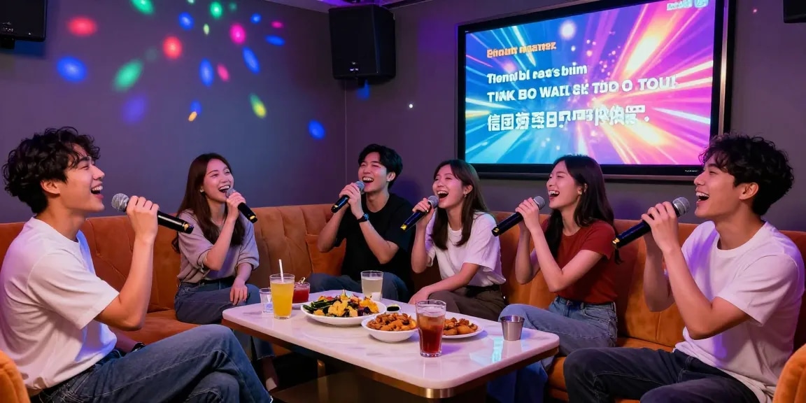 Friends enjoying 강남가라오케 in a stylish karaoke room with colorful lights and drinks.