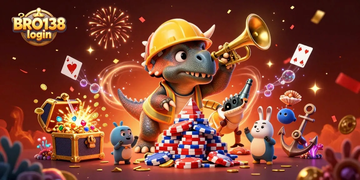 BRO138 login for dynamic gaming in a vibrant casino-themed illustration with exciting characters.
