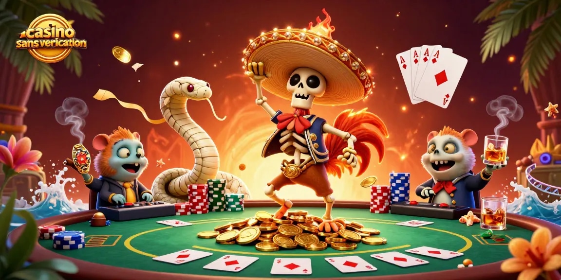 Profitez de l'expérience de jeu dans un casino sans vérification avec une animation dynamique de personnages colorés.