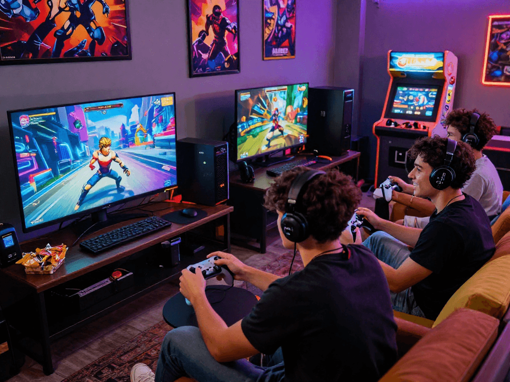 Group enjoying porngames in a lively gaming lounge with snacks and neon lights.
