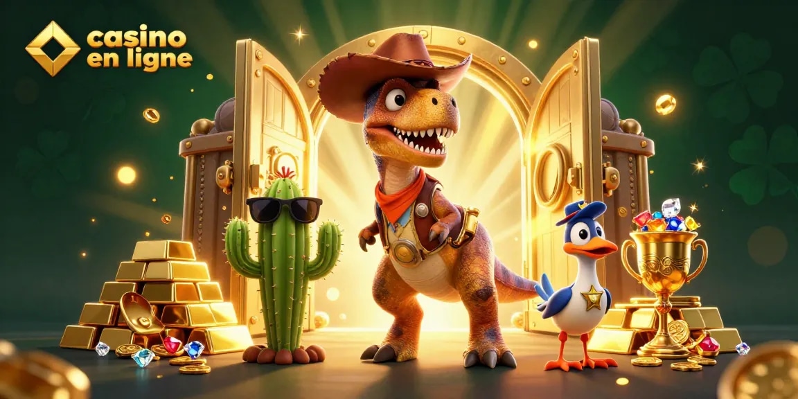 Plongez dans l'univers captivant du casino en ligne avec ce T-Rex animateur et ses amis.
