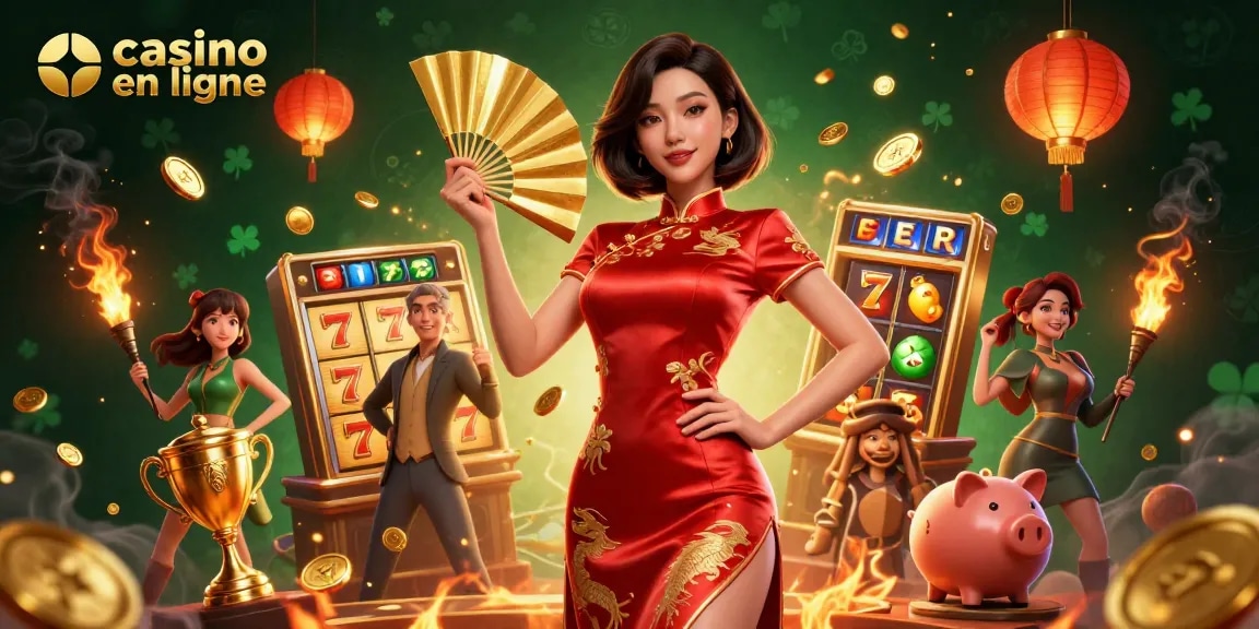 Découvrez un gameplay vibrant avec une femme confiante promouvant le casino en ligne, entourée d'éléments de machines à sous.