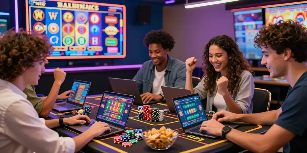 Friends enjoying a lively slot online gaming experience with laptops and smartphones, vibrant atmosphere.