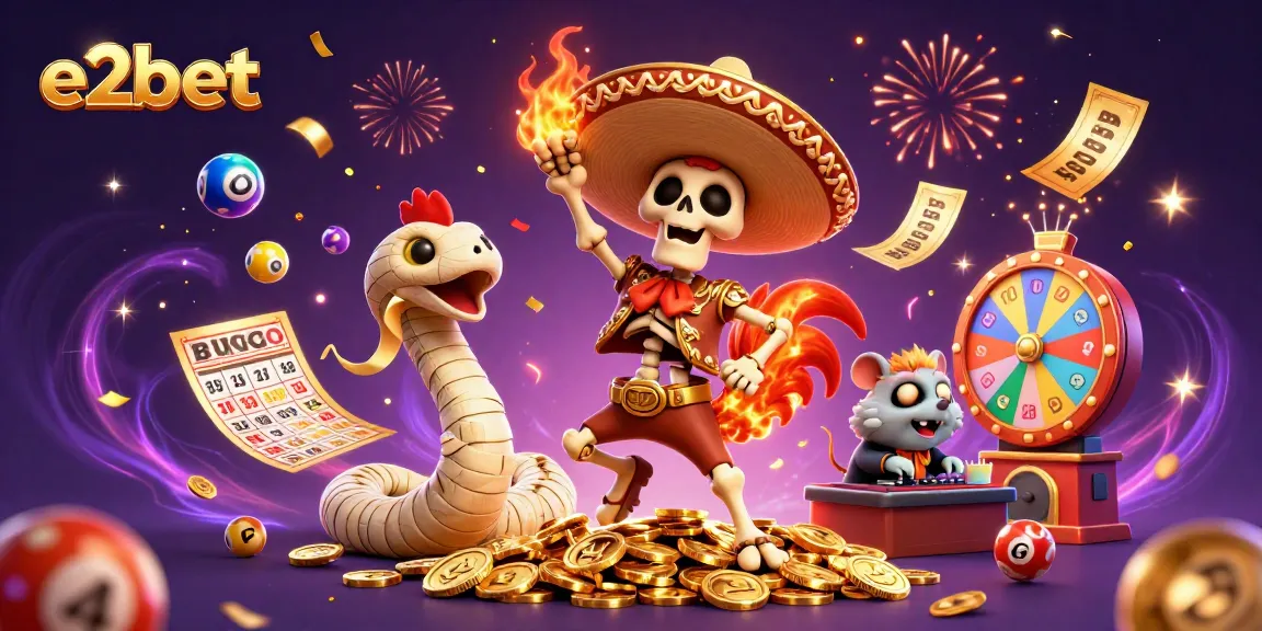 Experience e2bet's vibrant casino atmosphere with animated characters celebrating riches.