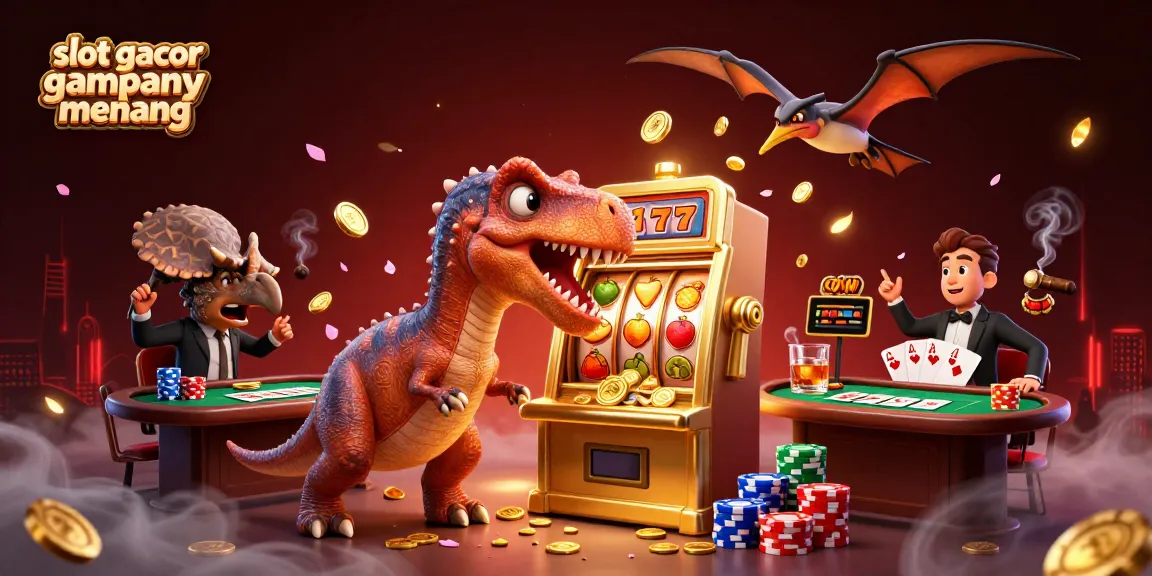 Engaging scene showcasing slot gacor gampang menang with a dinosaur winning jackpot coins from a slot machine amidst casino elements.